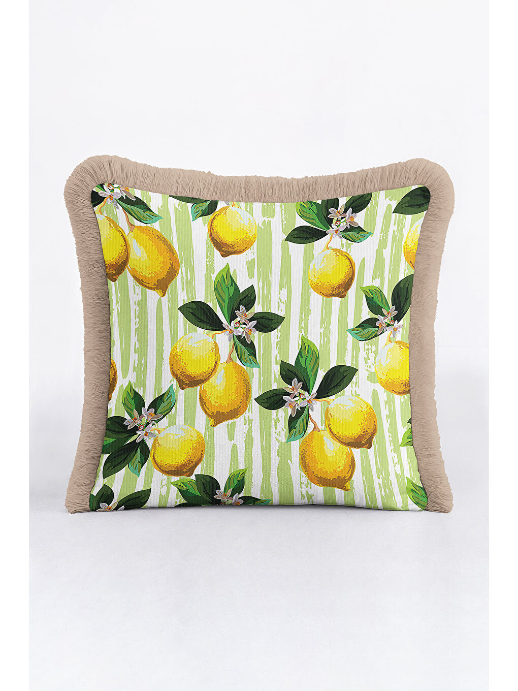Karışık Limon Bahçesi Saçaklı Yastık Kılıfı - Akdeniz Retro Yeşil Sarı Püsküllü Kırlent Kılıfı-4