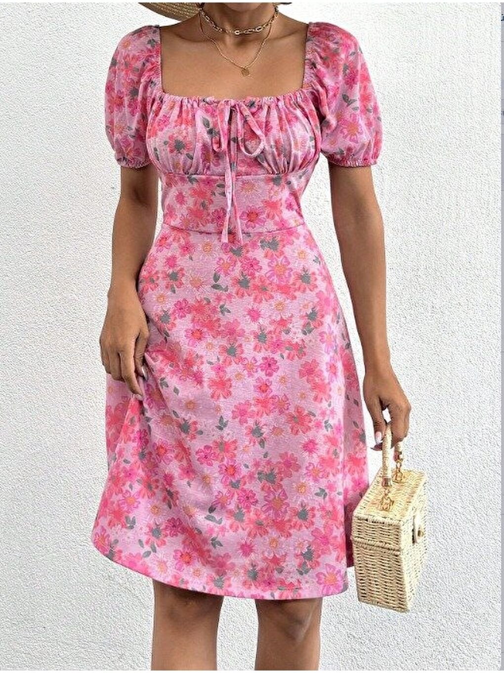 Pembe Kadın Kısa Kollu Mini çiçek Baskılı Bağcık Detay Süprem Midi Boy Elbise