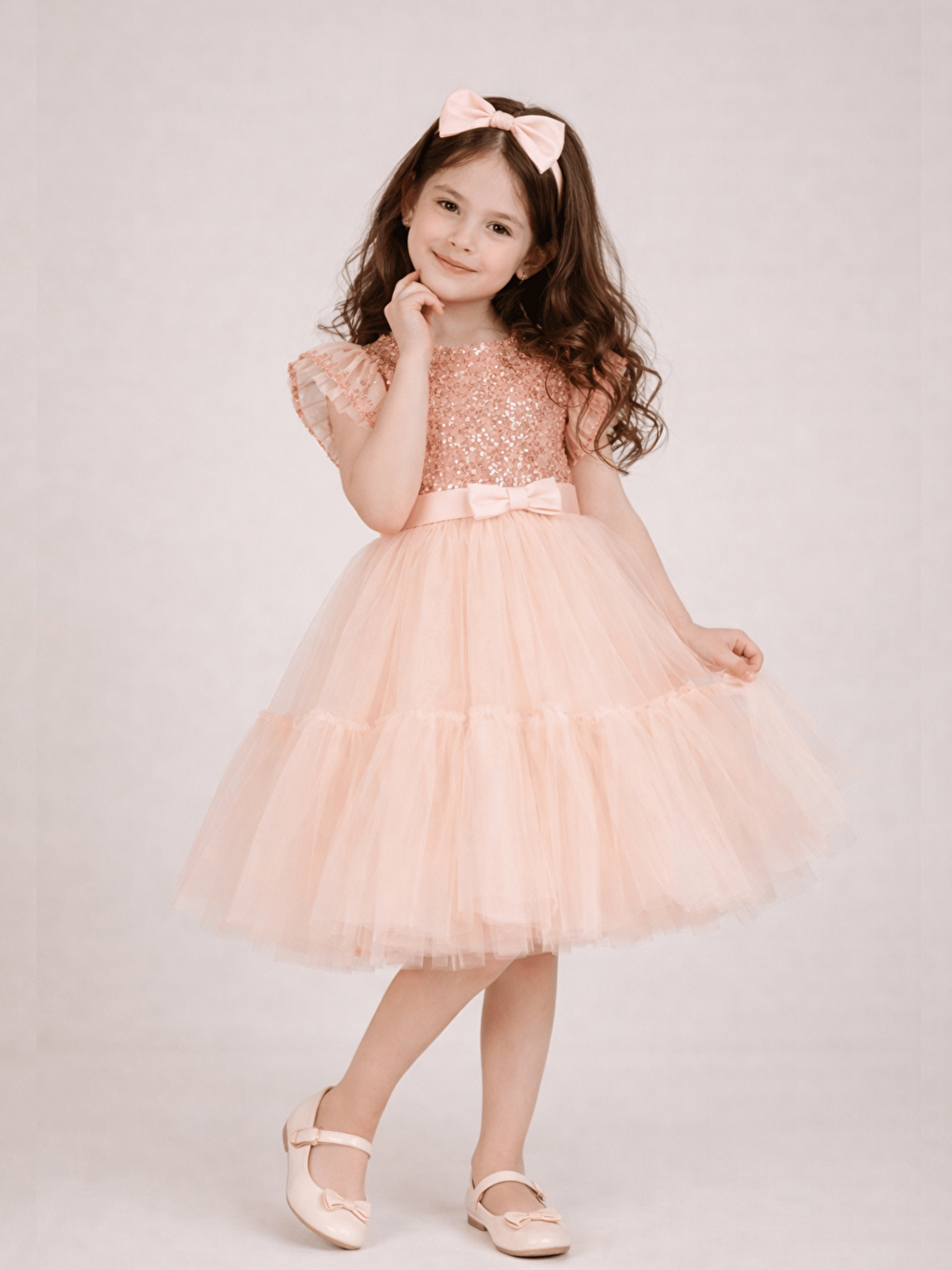 Pembe Pullu Tül Etekli Kız Çocuk Abiye Elbise ve Tacı-2