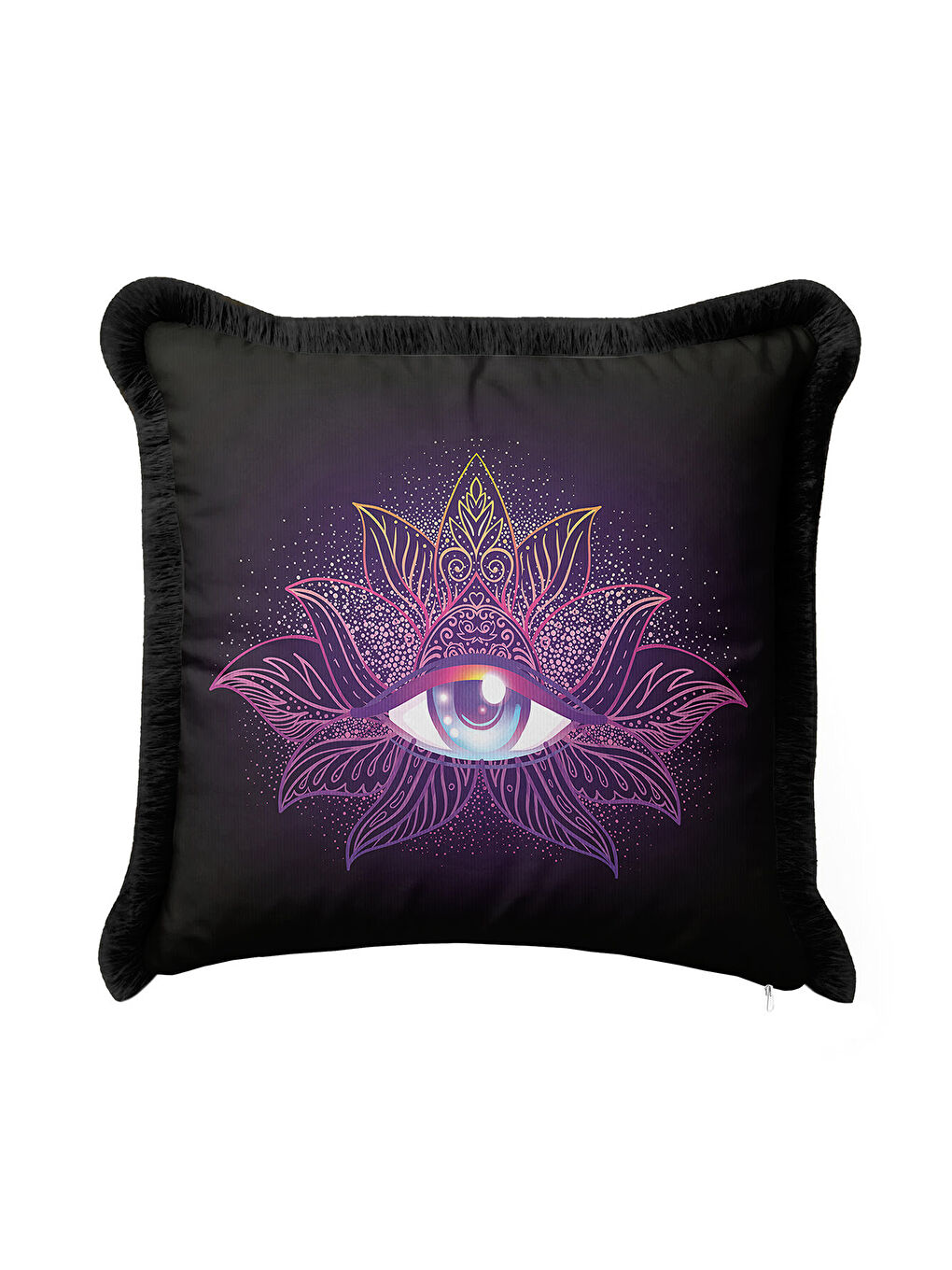 Karışık Mistisizm Temalı Saçaklı Yastık Kılıfı - Spiritüel Bohem Mor Altın Renkli Püsküllü Kırlent Kılıfı-1