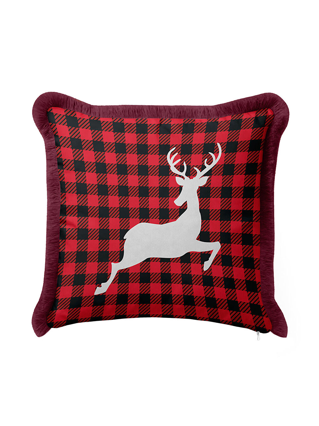 Karışık Kış Şıklığı Kareli Saçaklı Yastık Kılıfı - Geyik Figürlü Rustik Kırmızı Püsküllü Kırlent Kılıfı-4