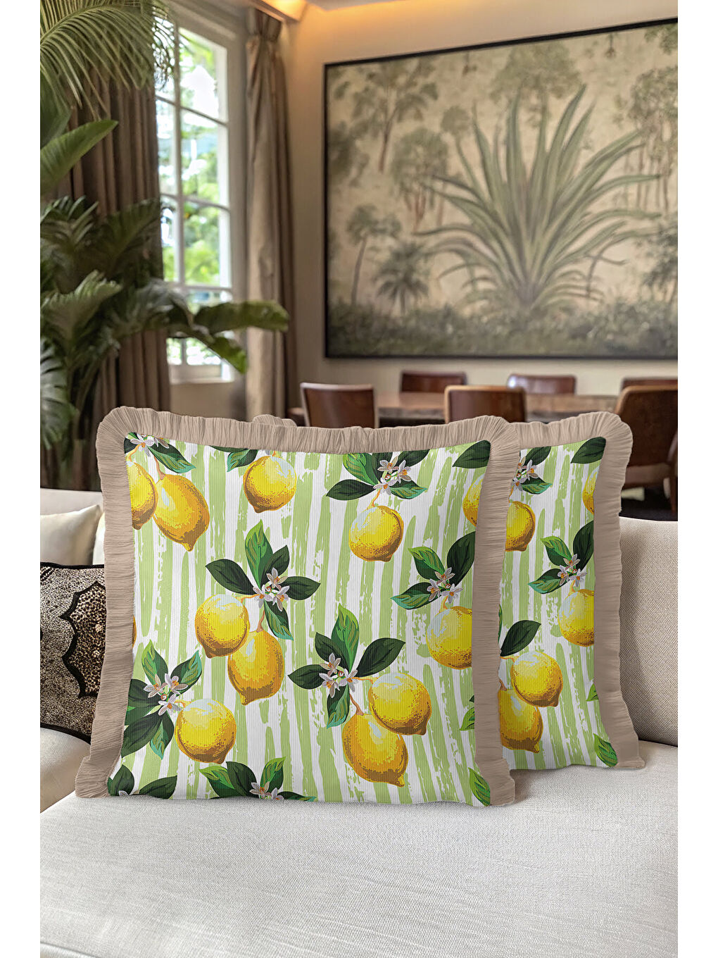 Karışık Limon Bahçesi Saçaklı Yastık Kılıfı - Akdeniz Retro Yeşil Sarı Püsküllü Kırlent Kılıfı-5