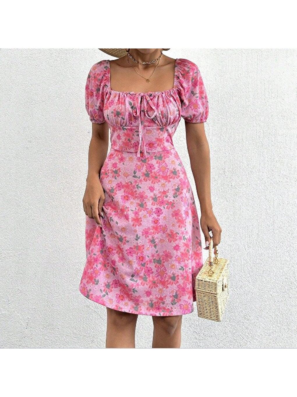 Pembe Kadın Kısa Kollu Mini çiçek Baskılı Bağcık Detay Süprem Midi Boy Elbise-2