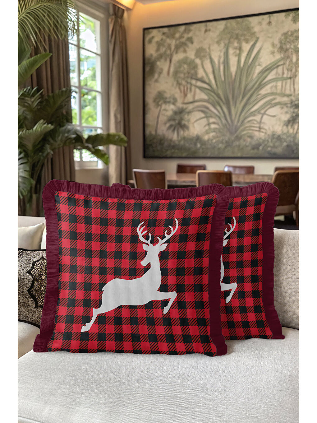 Karışık Kış Şıklığı Kareli Saçaklı Yastık Kılıfı - Geyik Figürlü Rustik Kırmızı Püsküllü Kırlent Kılıfı-5