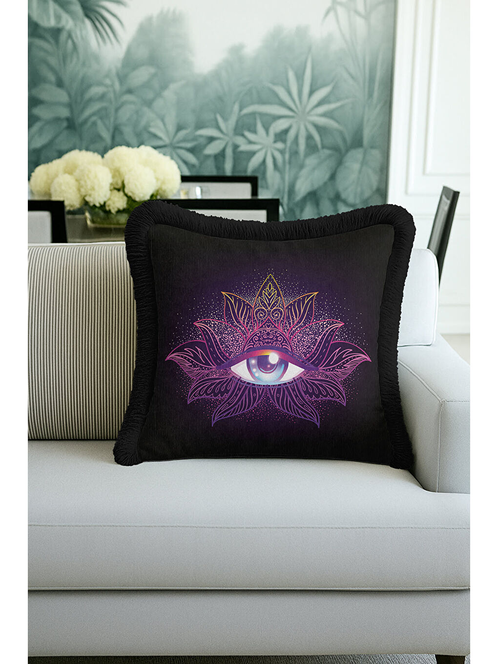 Karışık Mistisizm Temalı Saçaklı Yastık Kılıfı - Spiritüel Bohem Mor Altın Renkli Püsküllü Kırlent Kılıfı-2