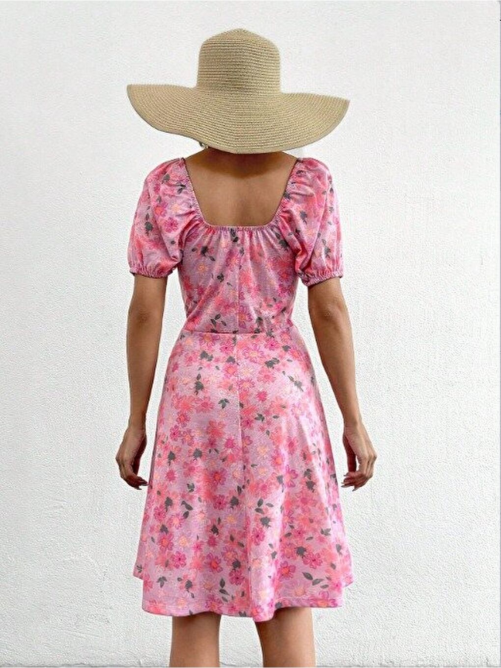 Pembe Kadın Kısa Kollu Mini çiçek Baskılı Bağcık Detay Süprem Midi Boy Elbise-3