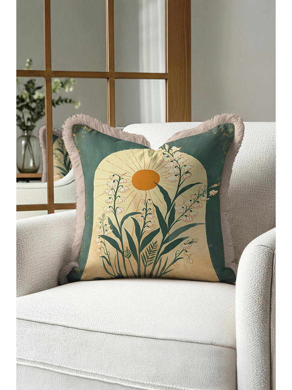 Karışık Vintage Güneş Doğası Saçaklı Yastık Kılıfı - Botanik Bohem Yeşil Sarı Püsküllü Kırlent Kılıfı-1