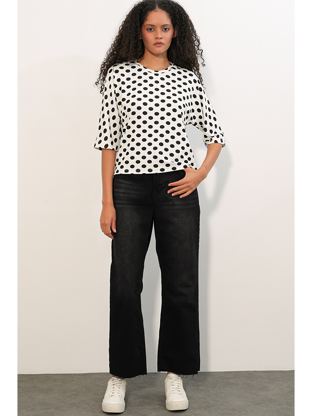 Kadın Oversize Puantiyeli Bluz 40020 - Beyaz-1