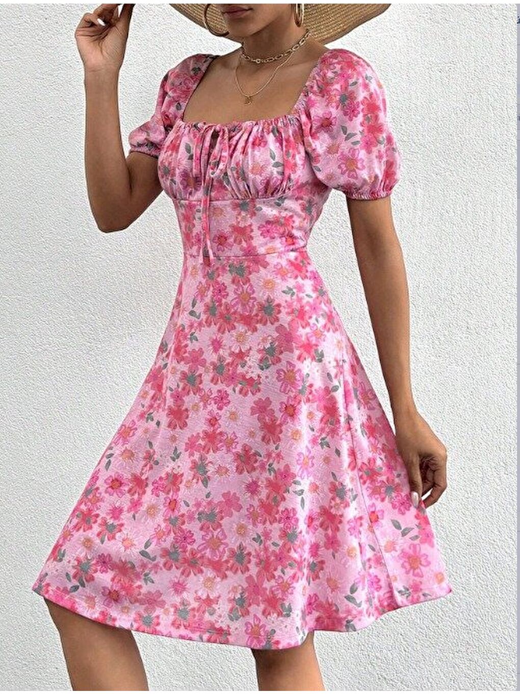 Pembe Kadın Kısa Kollu Mini çiçek Baskılı Bağcık Detay Süprem Midi Boy Elbise-4