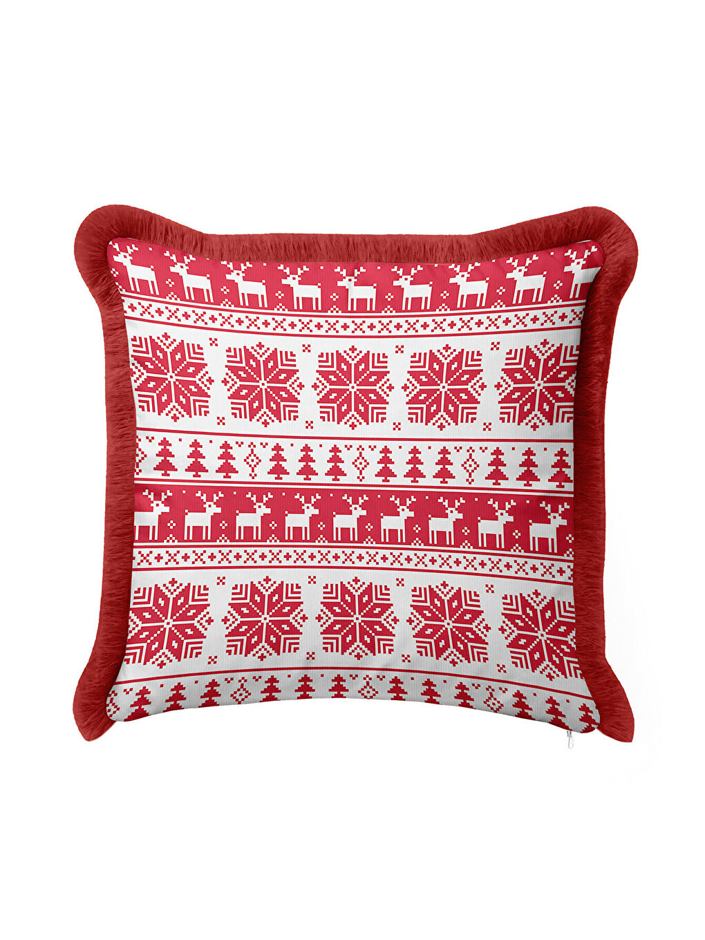 Karışık Nordik Kış Motifli Saçaklı Yastık Kılıfı - Yılbaşı Temalı Kırmızı Beyaz Püsküllü Kırlent Kılıfı