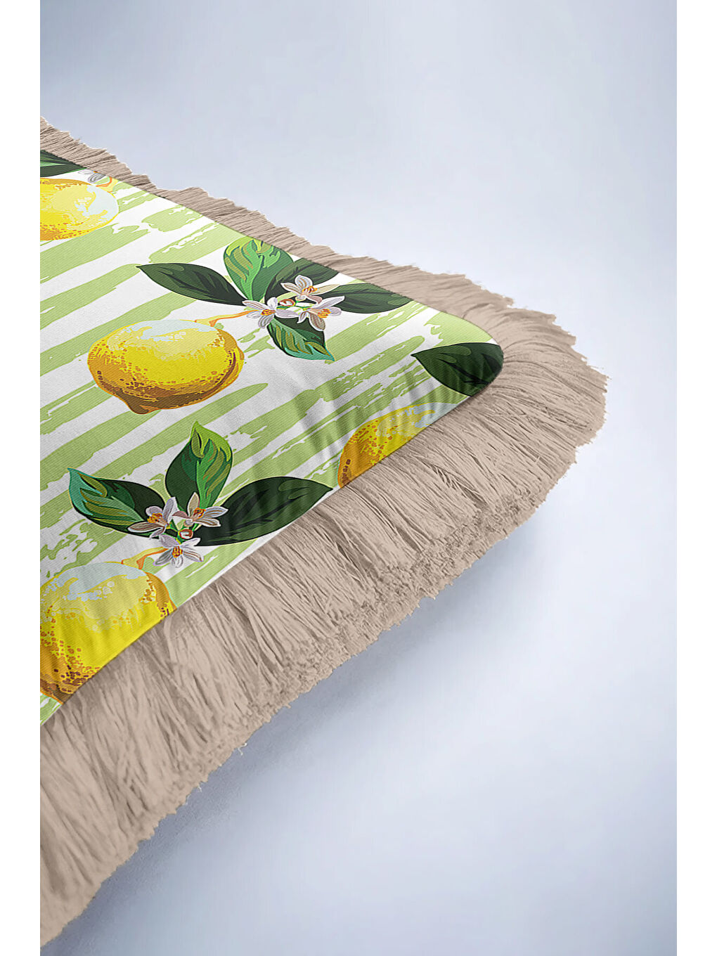 Karışık Limon Bahçesi Saçaklı Yastık Kılıfı - Akdeniz Retro Yeşil Sarı Püsküllü Kırlent Kılıfı-6