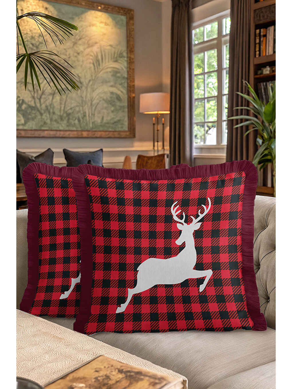 Karışık Kış Şıklığı Kareli Saçaklı Yastık Kılıfı - Geyik Figürlü Rustik Kırmızı Püsküllü Kırlent Kılıfı-7