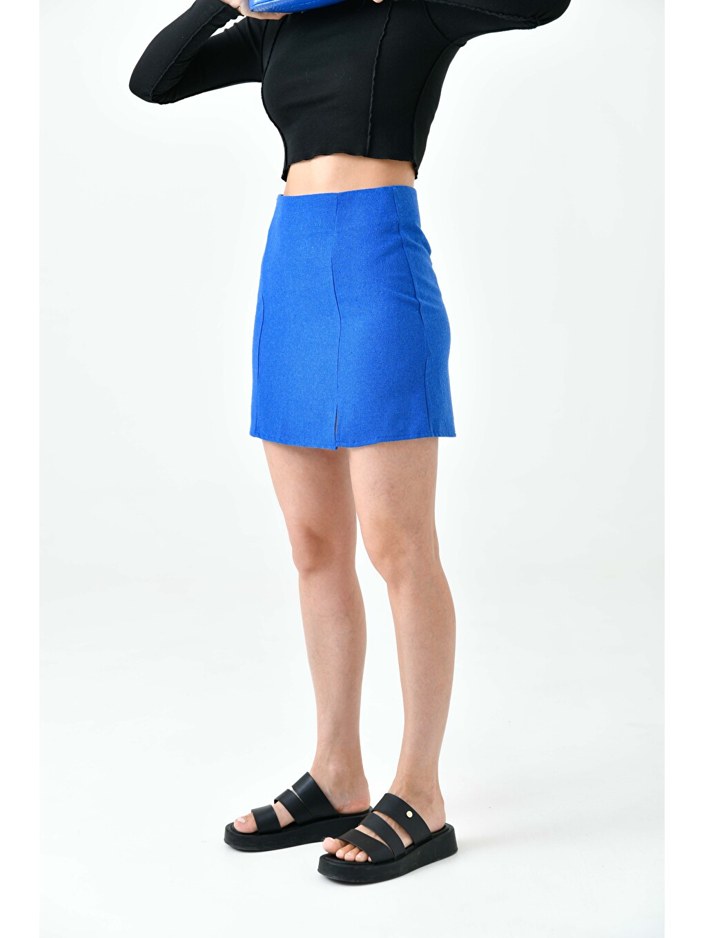 Lacivert Kadın Regular Fit Yırtmaçlı Mini Etek - Keten Görünümlü-1