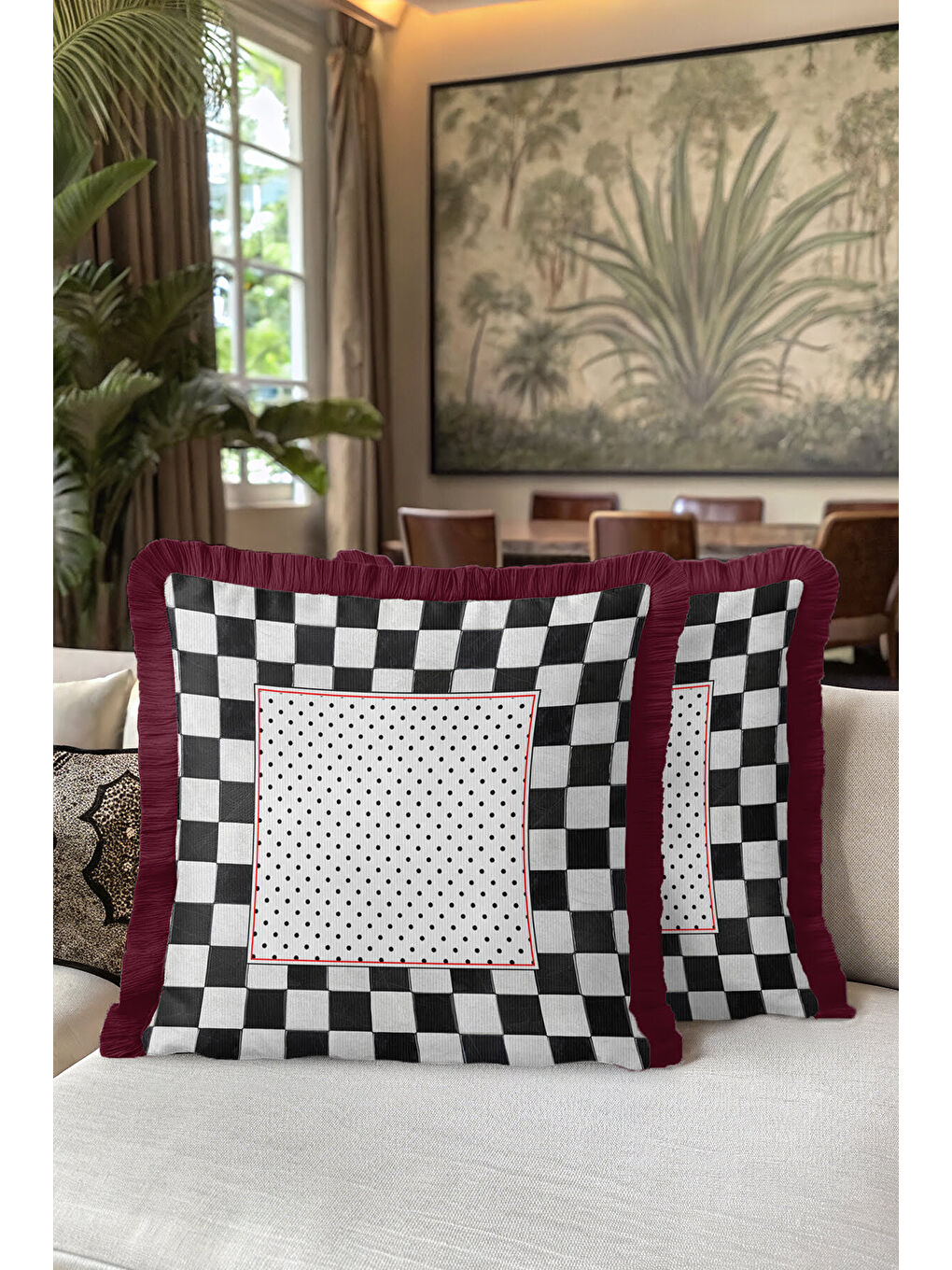 Karışık Luxury Kareli Saçaklı Yastık Kılıfı - Retro Doku Siyah Beyaz Bordo Püsküllü Kırlent Kılıfı-5