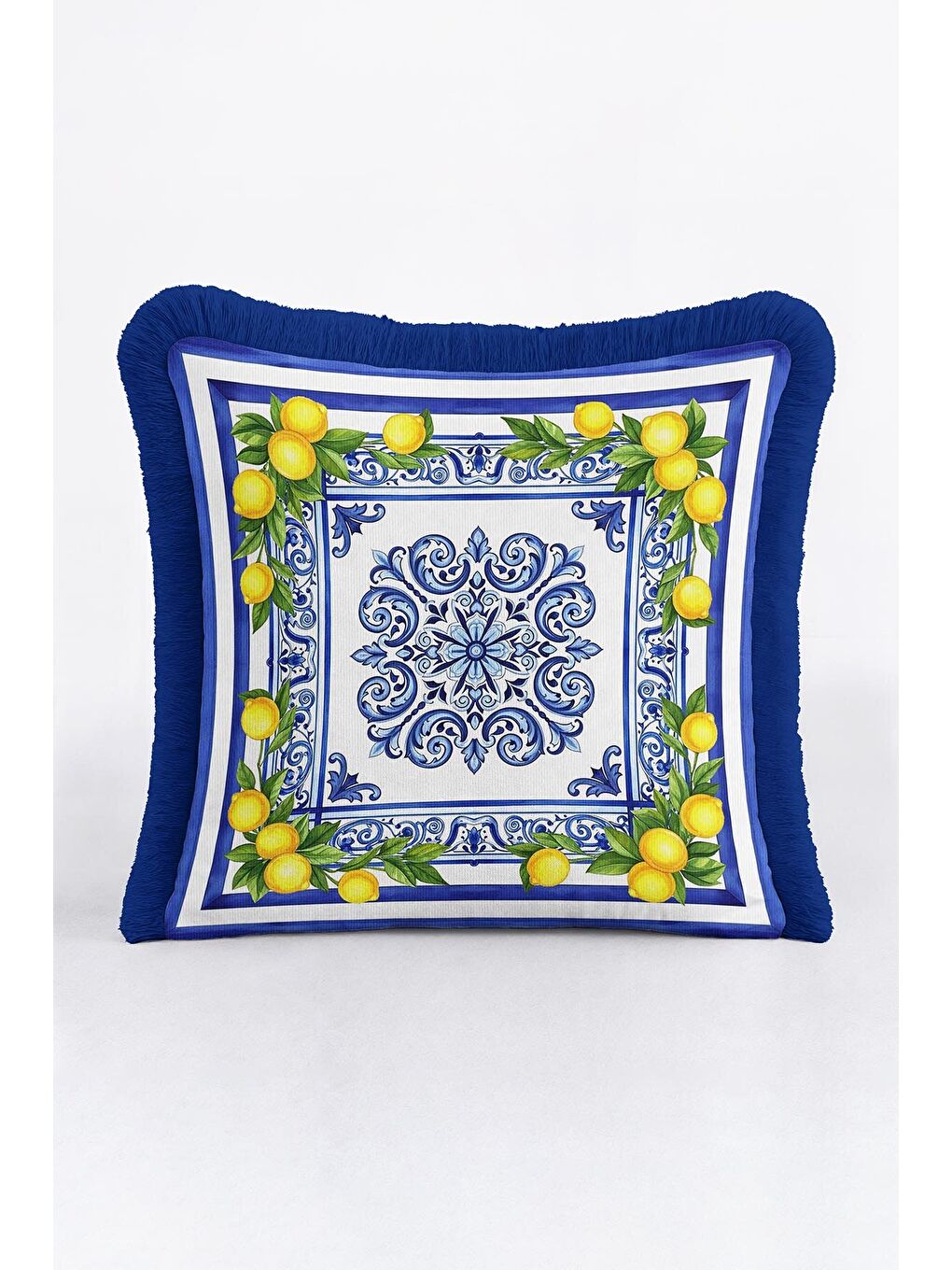 Karışık İtalyan Akdeniz Motifli Saçaklı Yastık Kılıfı - Limon Bahçesi Mavi Sarı Püsküllü Kırlent Kılıfı-3