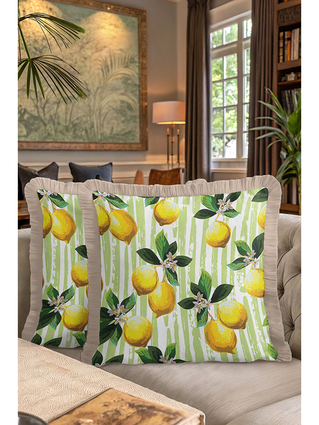 Karışık Limon Bahçesi Saçaklı Yastık Kılıfı - Akdeniz Retro Yeşil Sarı Püsküllü Kırlent Kılıfı-7