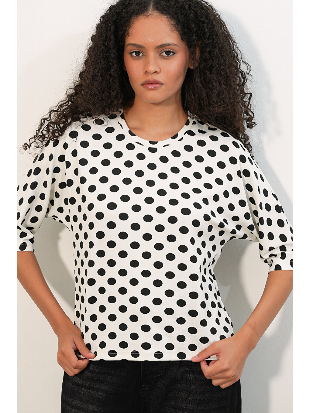 Kadın Oversize Puantiyeli Bluz 40020 - Beyaz-2