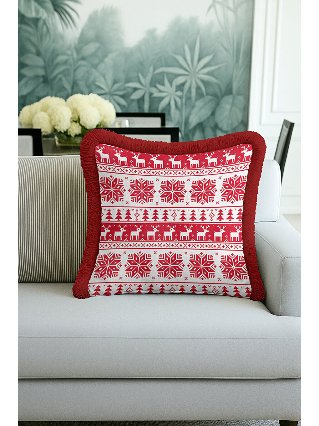 Karışık Nordik Kış Motifli Saçaklı Yastık Kılıfı - Yılbaşı Temalı Kırmızı Beyaz Püsküllü Kırlent Kılıfı-1