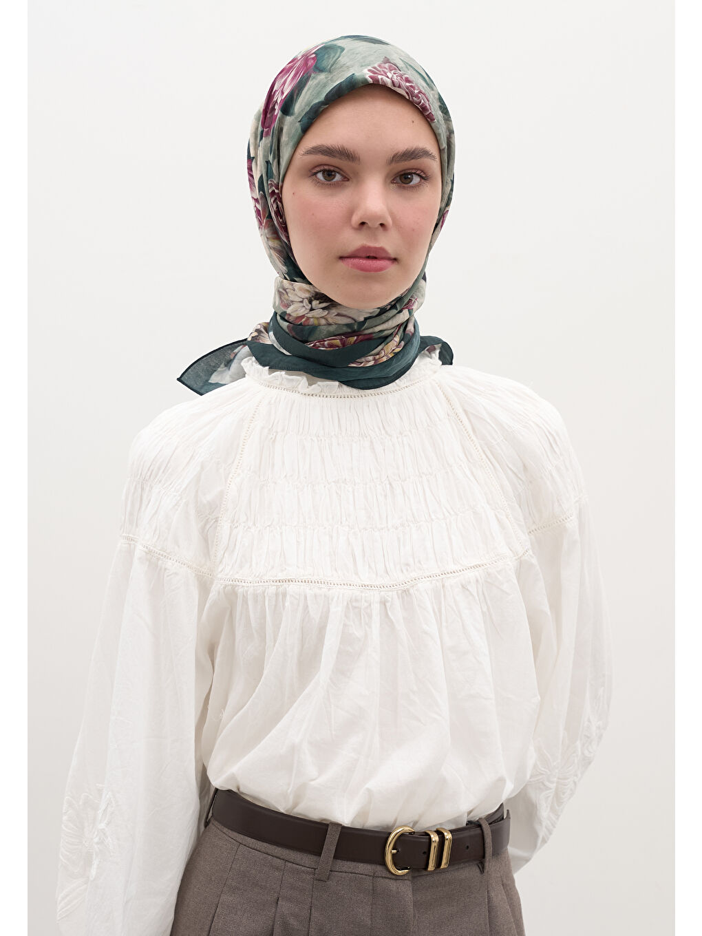 Magnolıa Desen Pamuklu Viskon Eşarp Koyu Yeşil-1