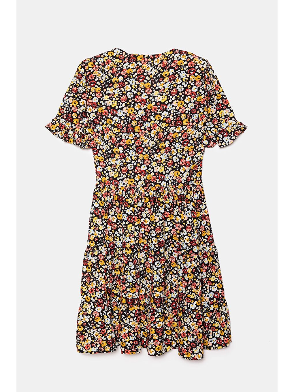 Karışık Çok Renkli Çiçek Desenli V Yaka Kısa Kol A Kesim Mini Dokuma Elbise - Viskon-4