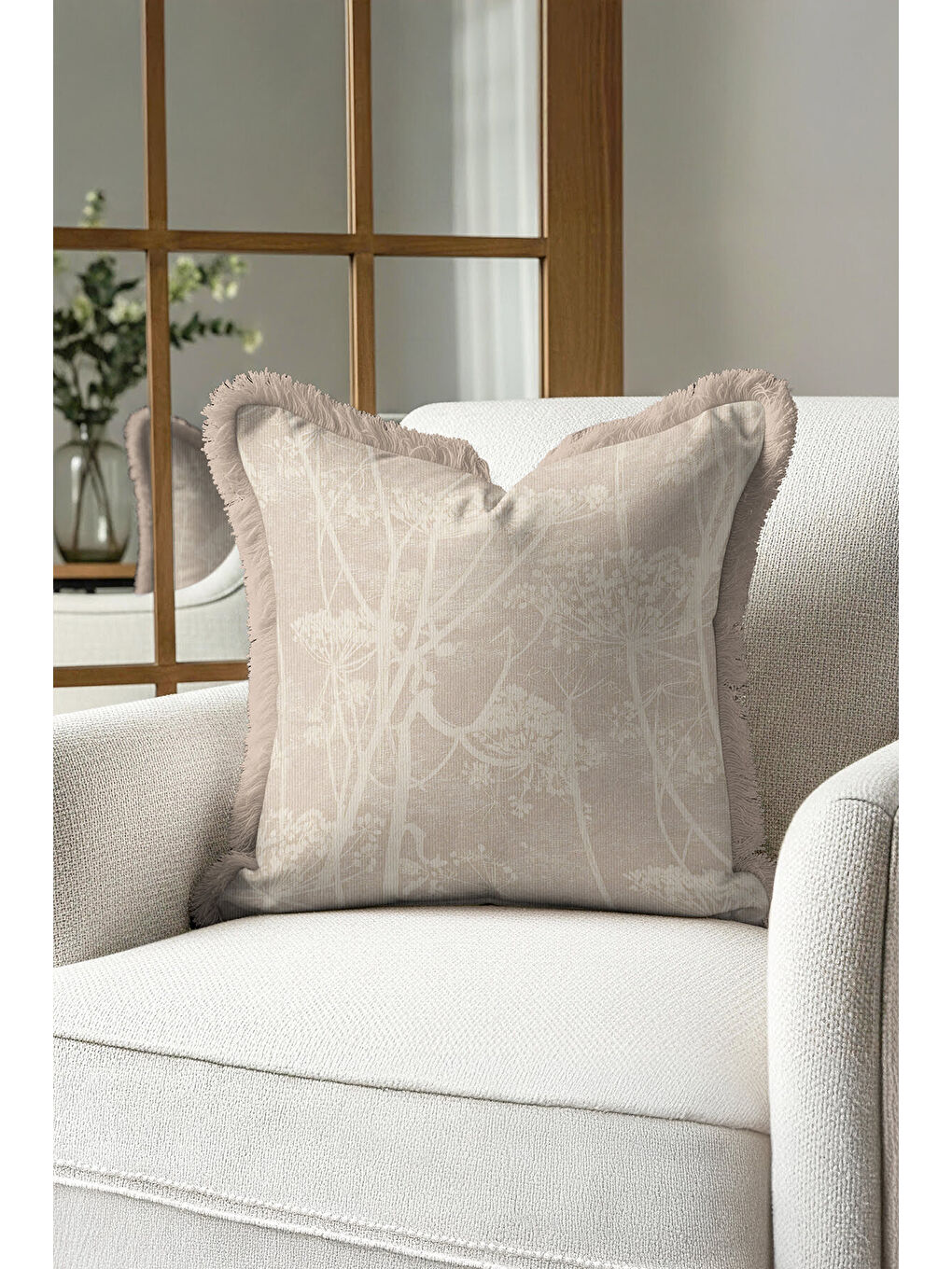 Karışık Doğal Doku Çiçek Motifli Saçaklı Yastık Kılıfı - Yumuşak Krem Country Bej Püsküllü Kırlent Kılıfı