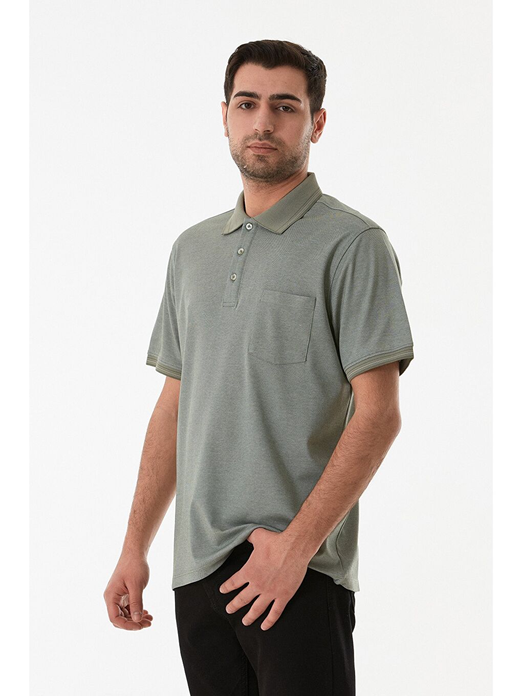 Haki Cepli Düğmeli Polo Yaka Tişört-1