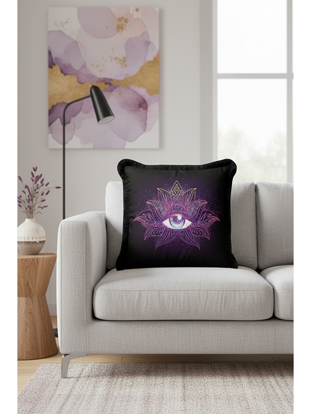 Karışık Mistisizm Temalı Saçaklı Yastık Kılıfı - Spiritüel Bohem Mor Altın Renkli Püsküllü Kırlent Kılıfı-3