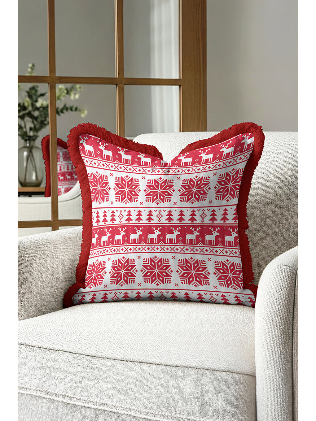 Karışık Nordik Kış Motifli Saçaklı Yastık Kılıfı - Yılbaşı Temalı Kırmızı Beyaz Püsküllü Kırlent Kılıfı-2