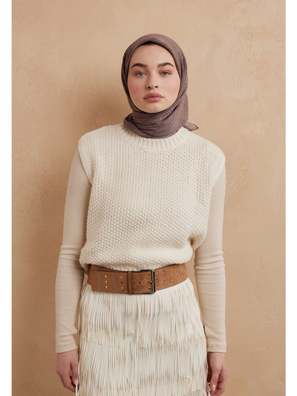 Bej Reına Desen Pamuk İpek Eşarp Vizon-3