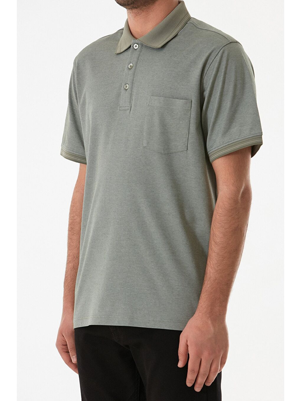 Haki Cepli Düğmeli Polo Yaka Tişört-4