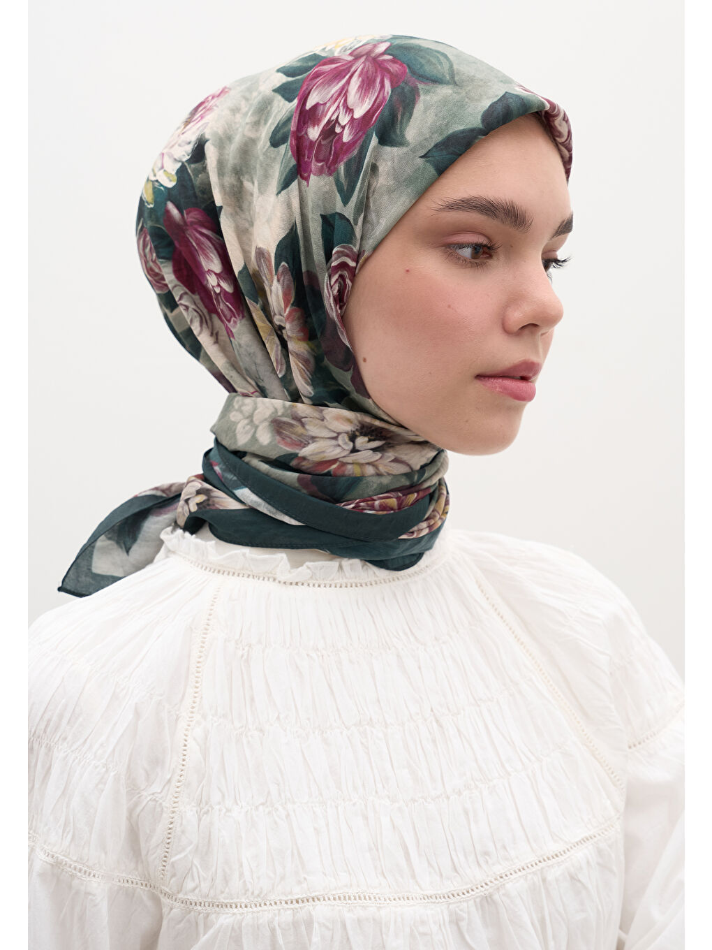 Magnolıa Desen Pamuklu Viskon Eşarp Koyu Yeşil-2