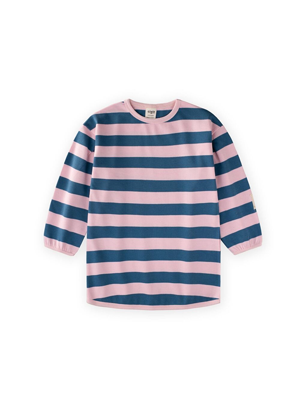 Pembe Triko Çizgili Tunik 4-12 Yaş Pudra Mavi Çizgili