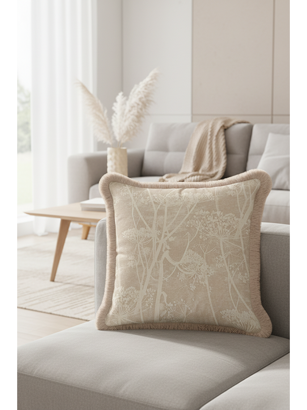 Karışık Doğal Doku Çiçek Motifli Saçaklı Yastık Kılıfı - Yumuşak Krem Country Bej Püsküllü Kırlent Kılıfı-2
