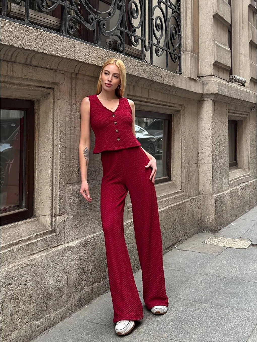 Kadın Bordo Gofre Kumaş Yelek Pantolon İkili Takım HZL25S-ZK13591