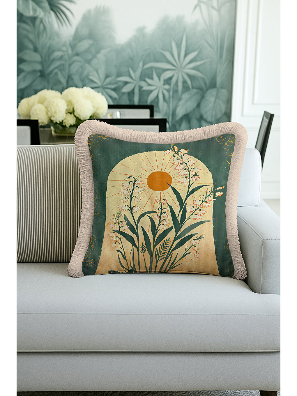 Karışık Vintage Güneş Doğası Saçaklı Yastık Kılıfı - Botanik Bohem Yeşil Sarı Püsküllü Kırlent Kılıfı-2