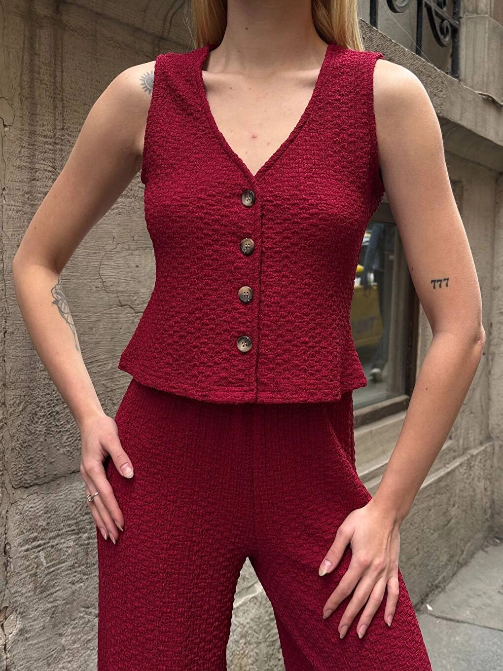Kadın Bordo Gofre Kumaş Yelek Pantolon İkili Takım HZL25S-ZK13591-1