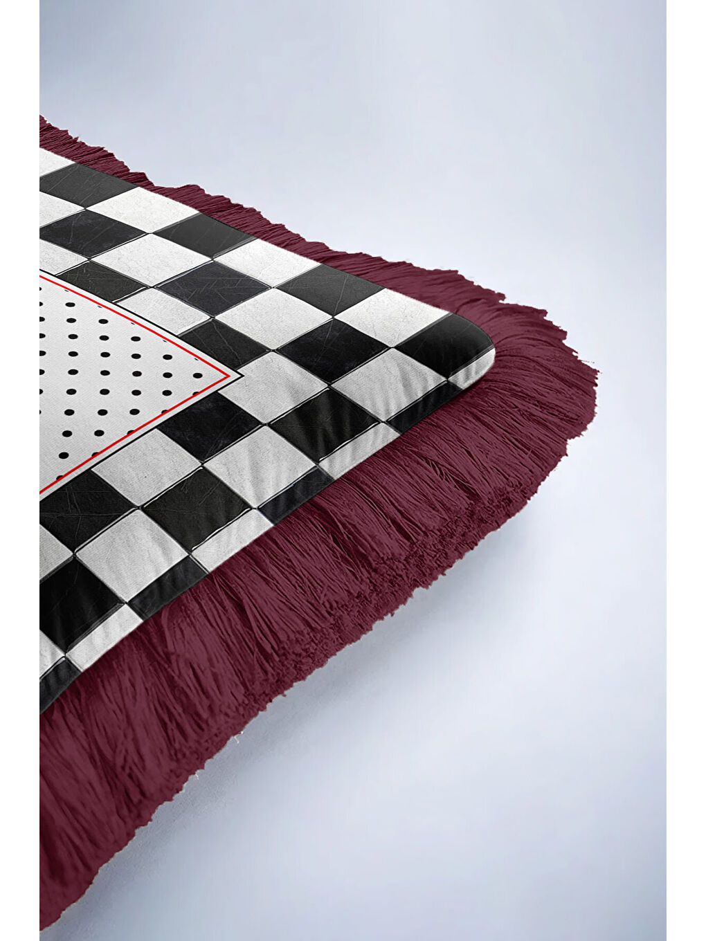 Karışık Luxury Kareli Saçaklı Yastık Kılıfı - Retro Doku Siyah Beyaz Bordo Püsküllü Kırlent Kılıfı-6