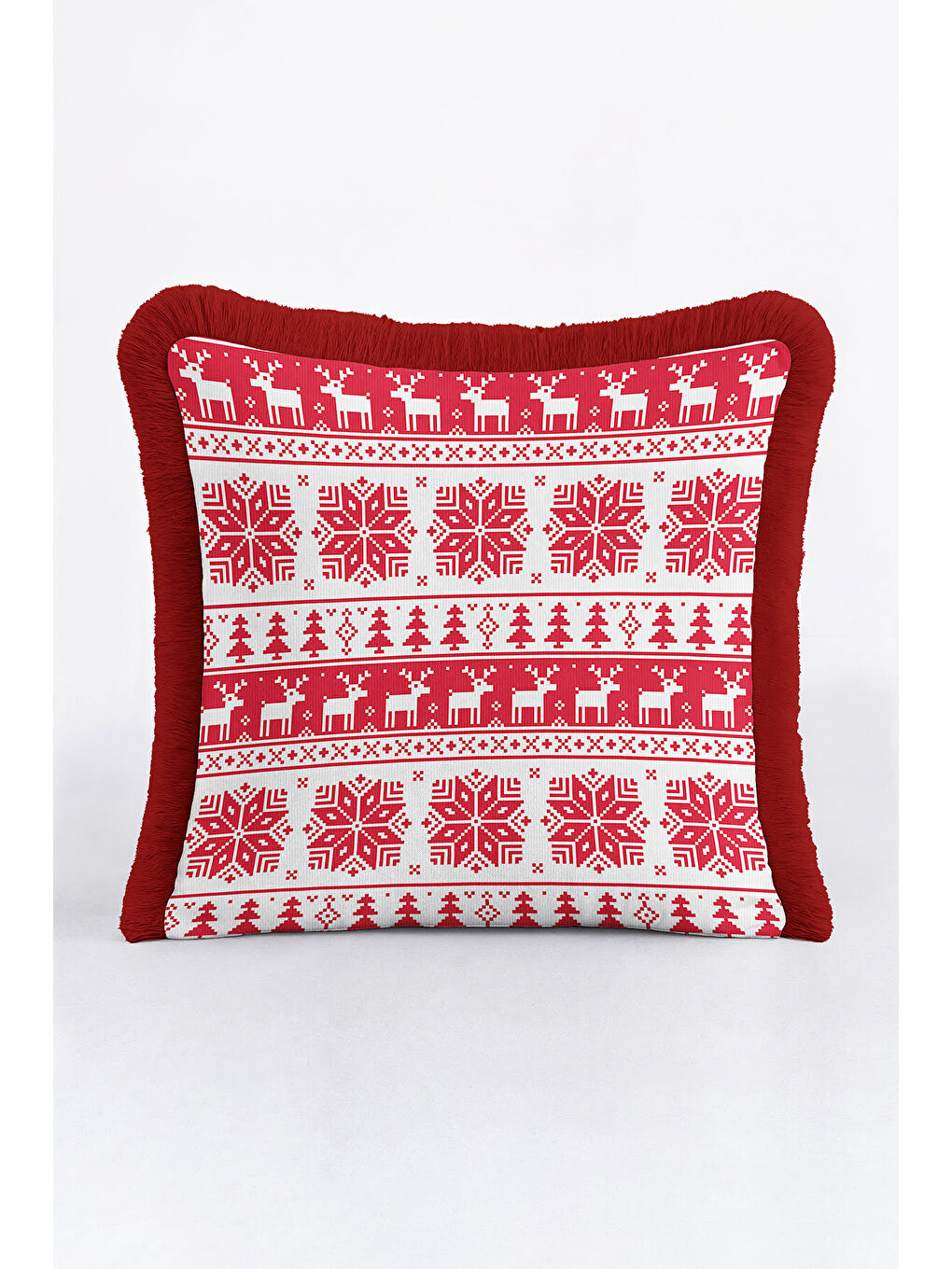 Karışık Nordik Kış Motifli Saçaklı Yastık Kılıfı - Yılbaşı Temalı Kırmızı Beyaz Püsküllü Kırlent Kılıfı-3