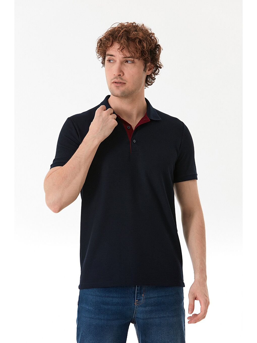 Lacivert Waffle Kumaş Slim Fit Polo Yaka Tişört