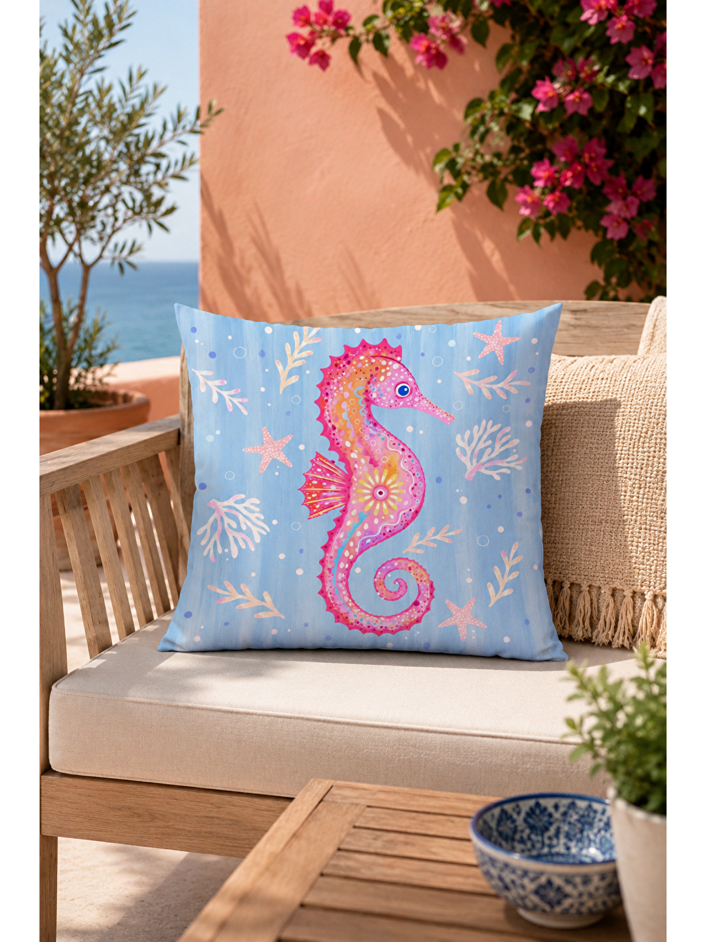 Denizatı Mercan Desenli Dekoratif Kırlent Kılıfı Mavi Pembe Marin Dekor 43x43 Cm-3