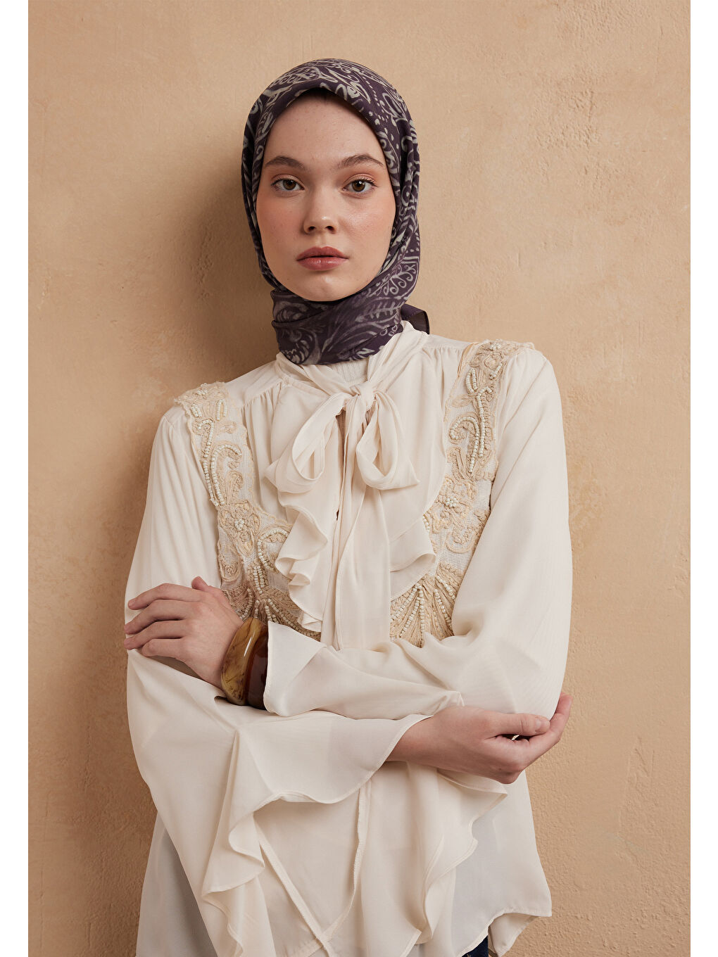 Mor Fressıa Desen Pamuk İpek Eşarp Violet-1