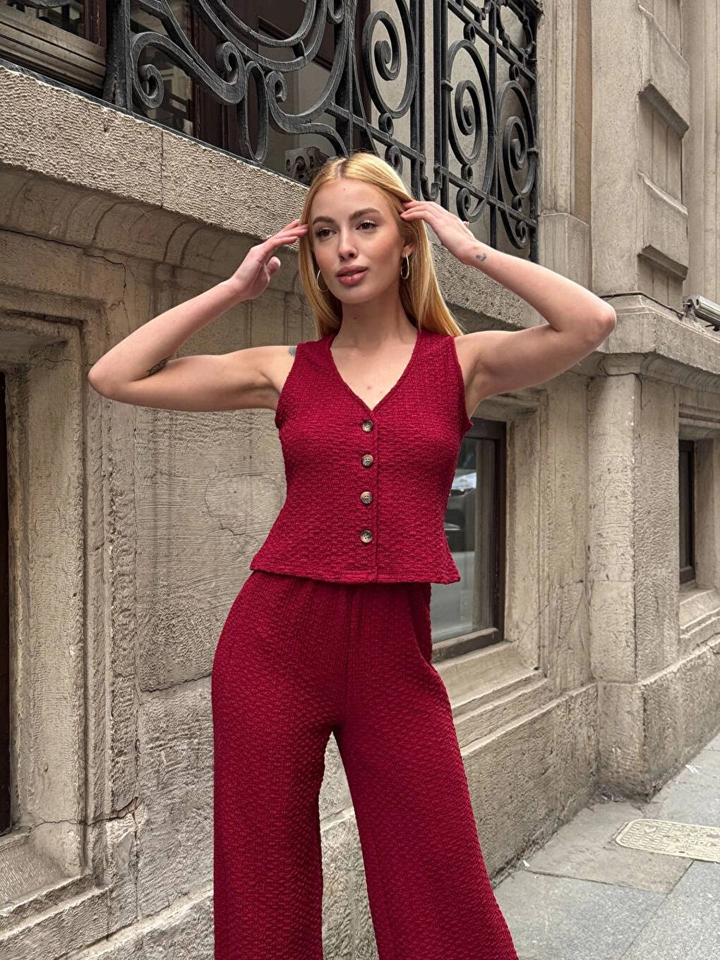 Kadın Bordo Gofre Kumaş Yelek Pantolon İkili Takım HZL25S-ZK13591-4