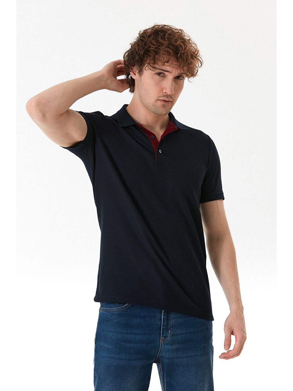 Lacivert Waffle Kumaş Slim Fit Polo Yaka Tişört-2