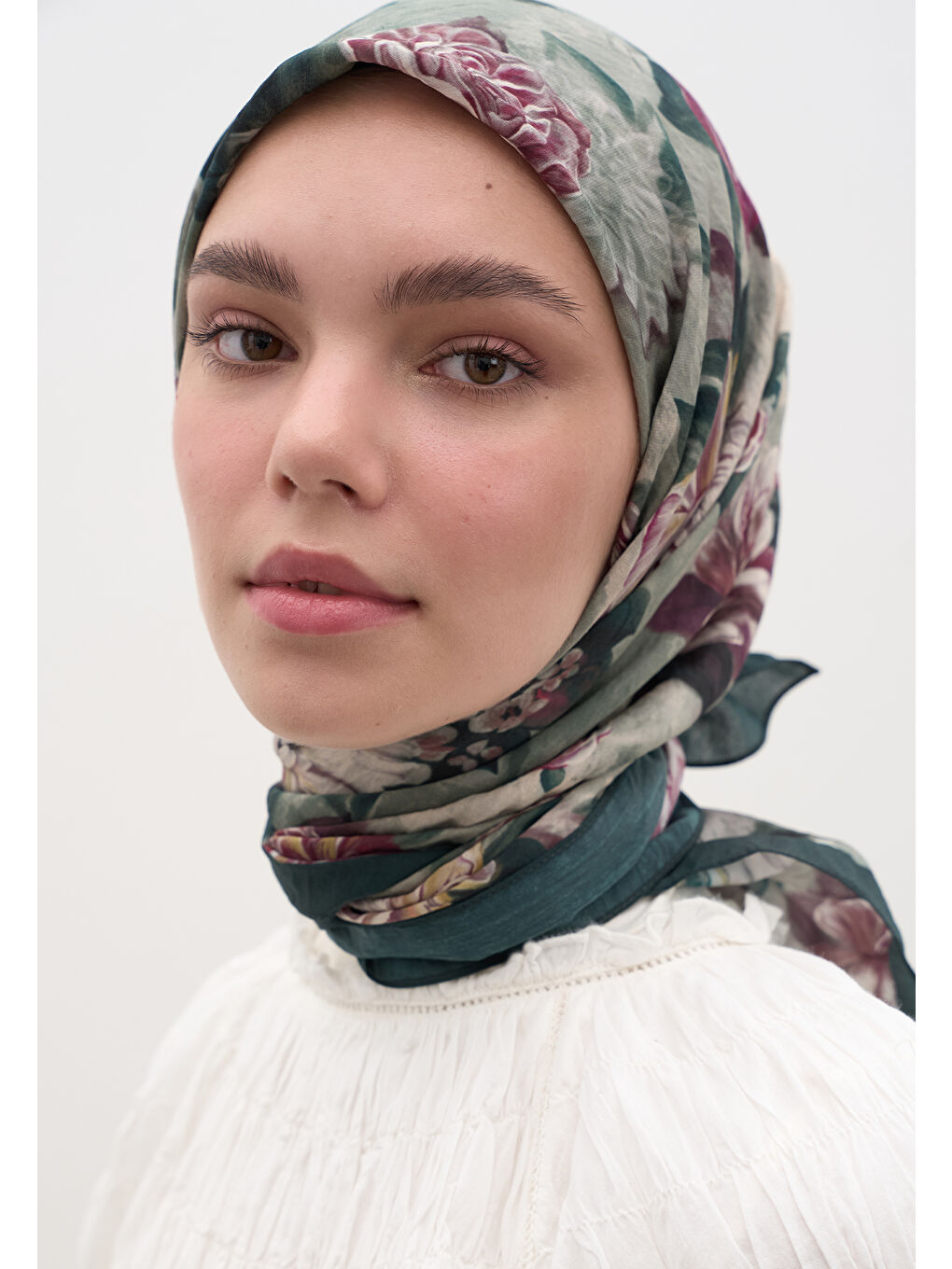 Magnolıa Desen Pamuklu Viskon Eşarp Koyu Yeşil-3