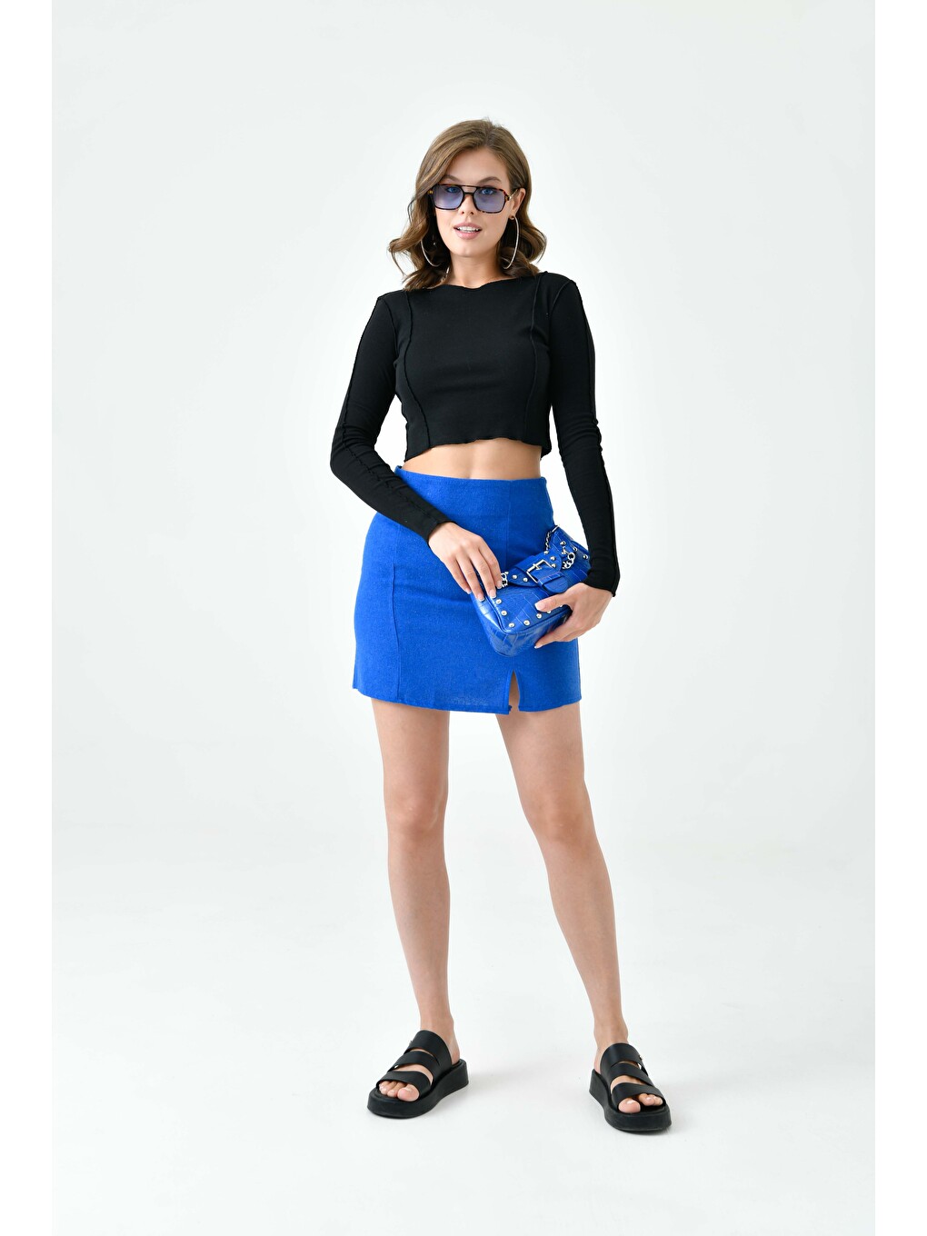 Lacivert Kadın Regular Fit Yırtmaçlı Mini Etek - Keten Görünümlü-3