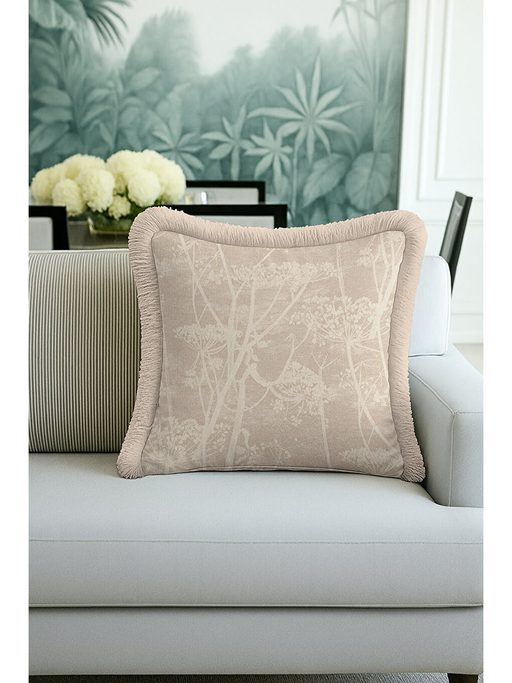 Karışık Doğal Doku Çiçek Motifli Saçaklı Yastık Kılıfı - Yumuşak Krem Country Bej Püsküllü Kırlent Kılıfı-4