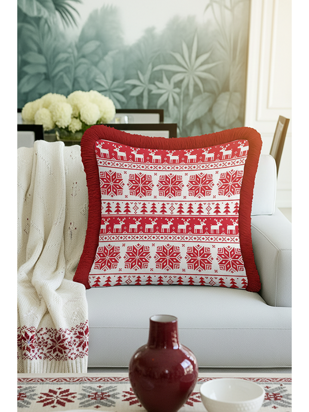 Karışık Nordik Kış Motifli Saçaklı Yastık Kılıfı - Yılbaşı Temalı Kırmızı Beyaz Püsküllü Kırlent Kılıfı-4