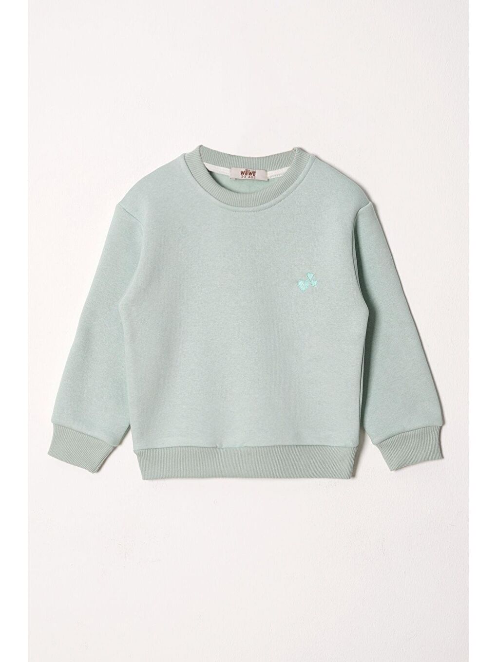 Yeşil Bisiklet Yaka Kalp Nakışlı Şardonlu Kız Çocuk Sweatshirt