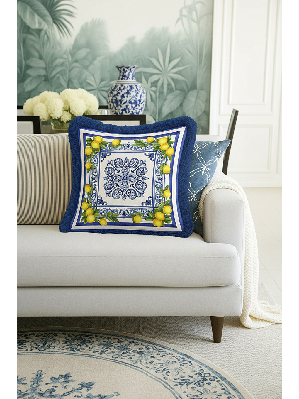 Karışık İtalyan Akdeniz Motifli Saçaklı Yastık Kılıfı - Limon Bahçesi Mavi Sarı Püsküllü Kırlent Kılıfı-4