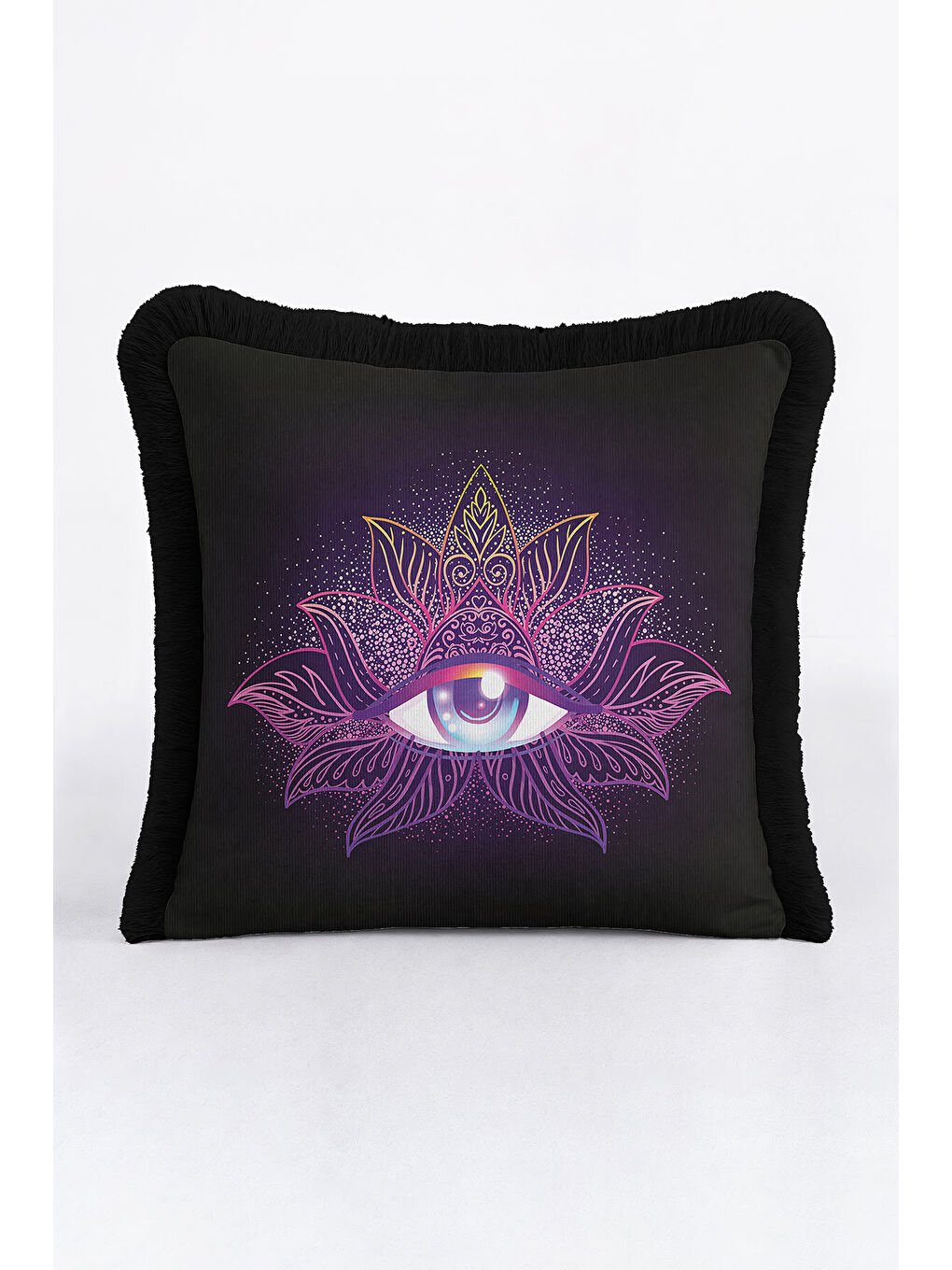 Karışık Mistisizm Temalı Saçaklı Yastık Kılıfı - Spiritüel Bohem Mor Altın Renkli Püsküllü Kırlent Kılıfı-4